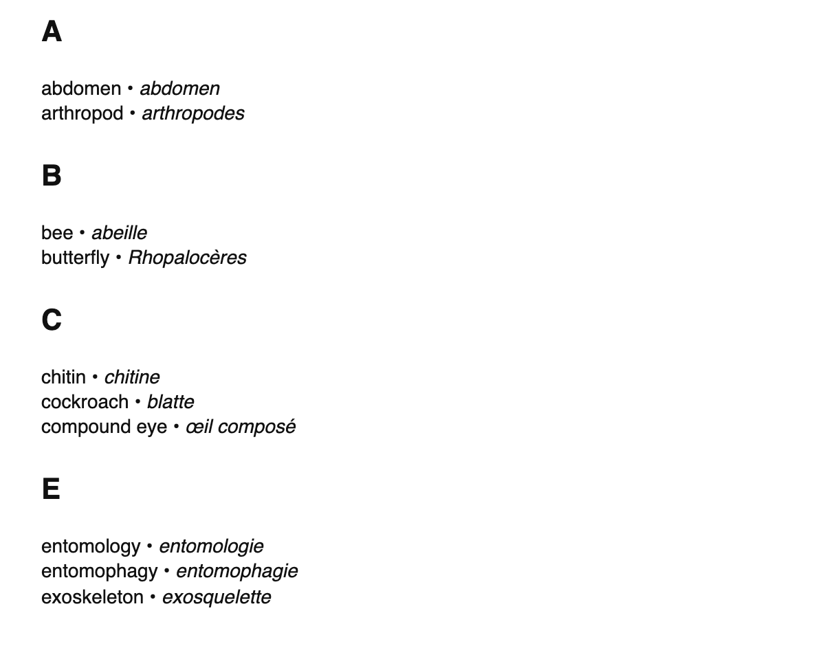 Entomology terms in French