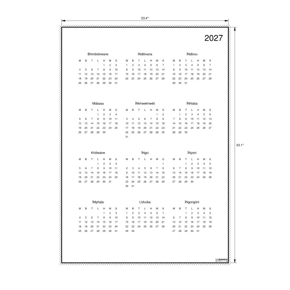 Leskoff 2027 Wall Calendar, Swazi-Labeled, Monday-Start Layout, Poster / Wall Print, 23.4 x 33.1 in (59.4 x 84.1 cm), image 2 of 2
