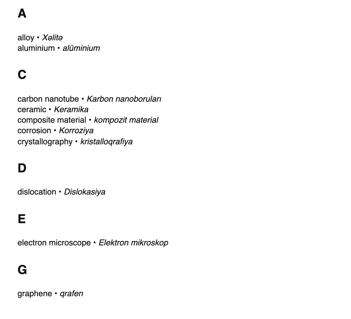 Materials science terms in Azerbaijani
