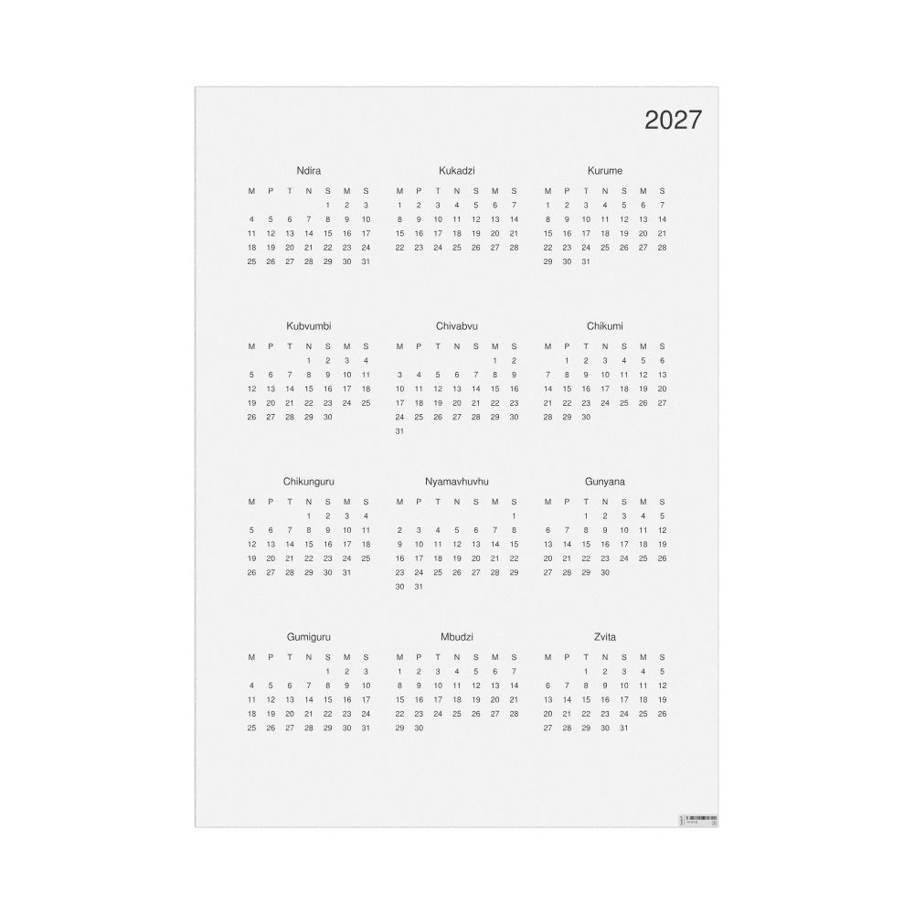 Leskoff 2027 Wall Calendar, Shona-Labeled, Monday-Start Layout, Poster / Wall Print, 23.4 x 33.1 in (59.4 x 84.1 cm), image 1 of 1