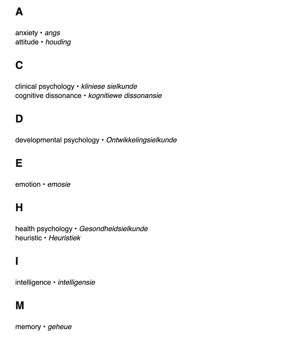 Psychology terms in Afrikaans
