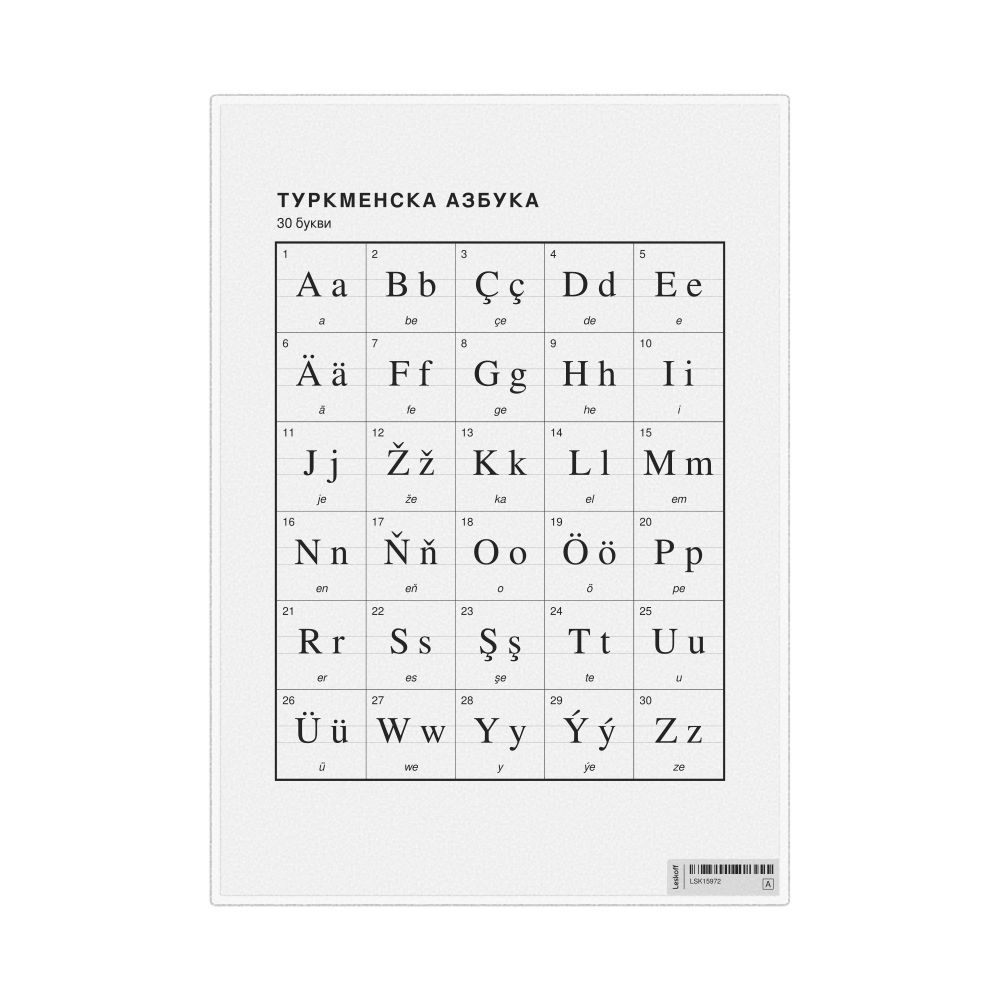 Leskoff Turkmen Alphabet Chart, 8.3 x 11.7 in (21.0 x 29.7 cm, Desk Chart, Laminated), Macedonian-Labeled, image 1 of 2