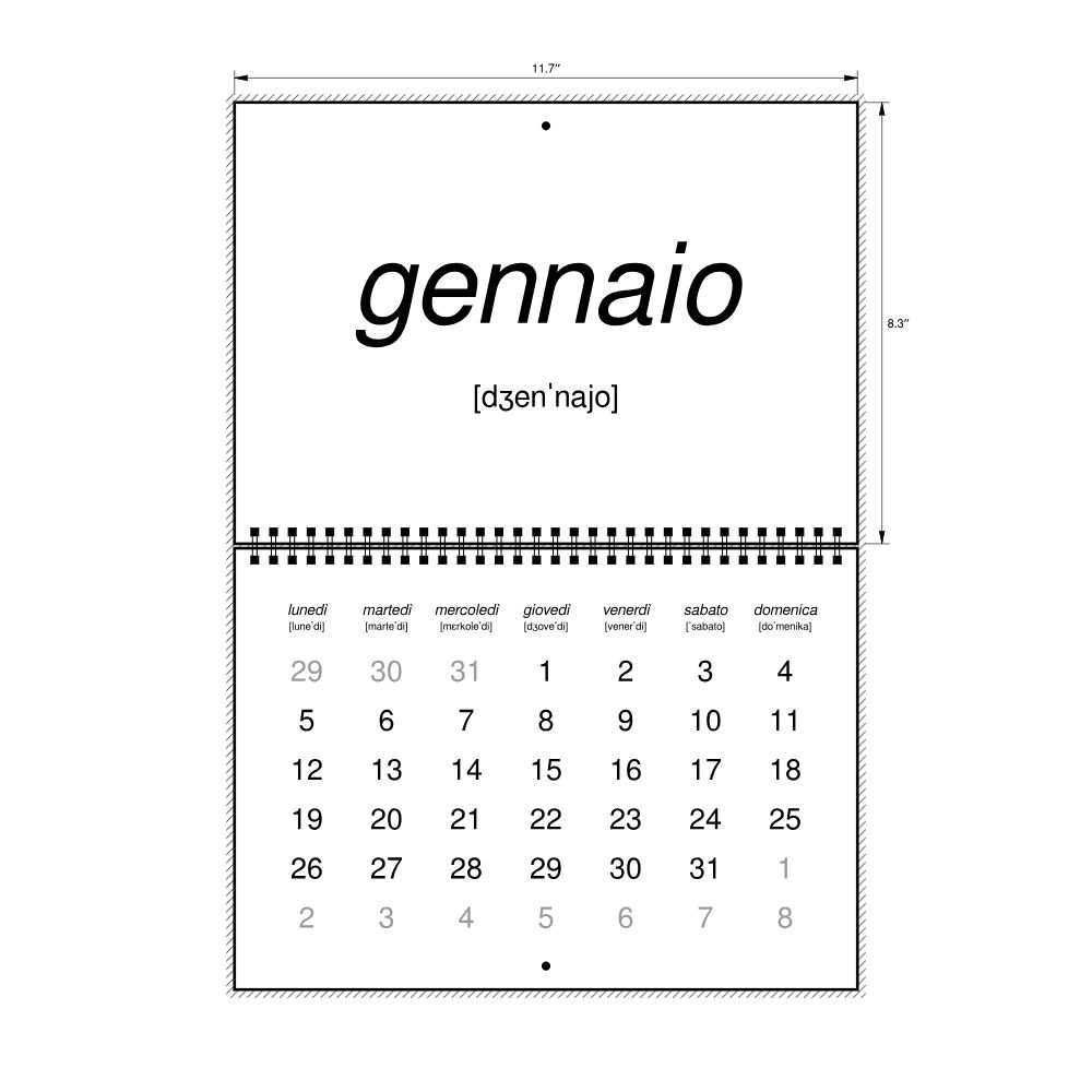 Leskoff 2026 Phonetic Wall Calendar, Italian-Labeled with IPA, Monday-Start Layout, Wire-Bound, 11.7 x 8.3 in (29.7 x 21.0 cm), image 2 of 2