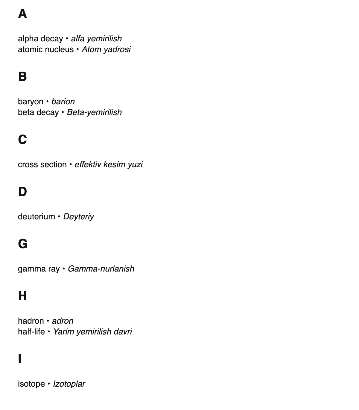 Nuclear physics terms in Uzbek