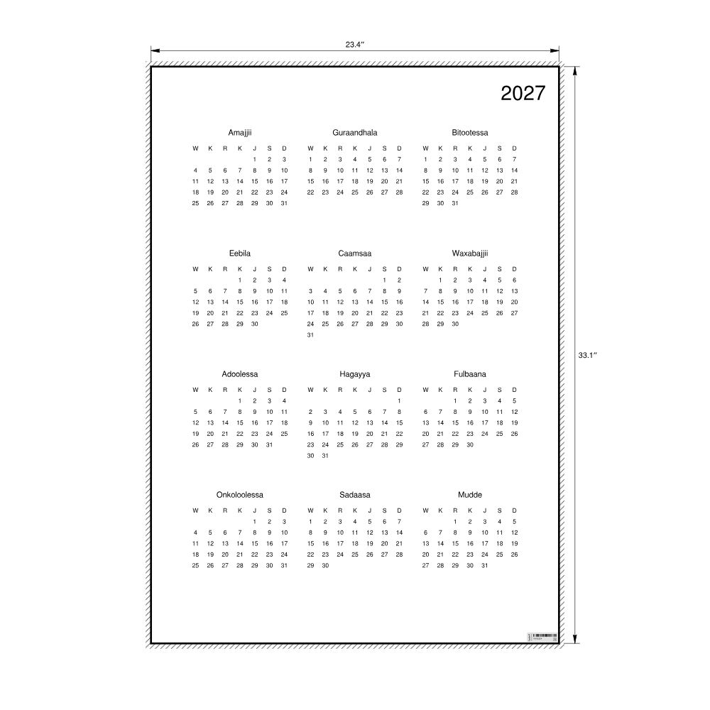 Leskoff 2027 Wall Calendar, Oromo-Labeled, Monday-Start Layout, Poster / Wall Print, 23.4 x 33.1 in (59.4 x 84.1 cm), image 2 of 2