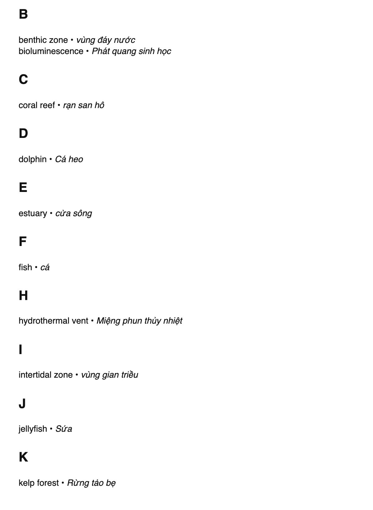 Marine biology terms in Vietnamese