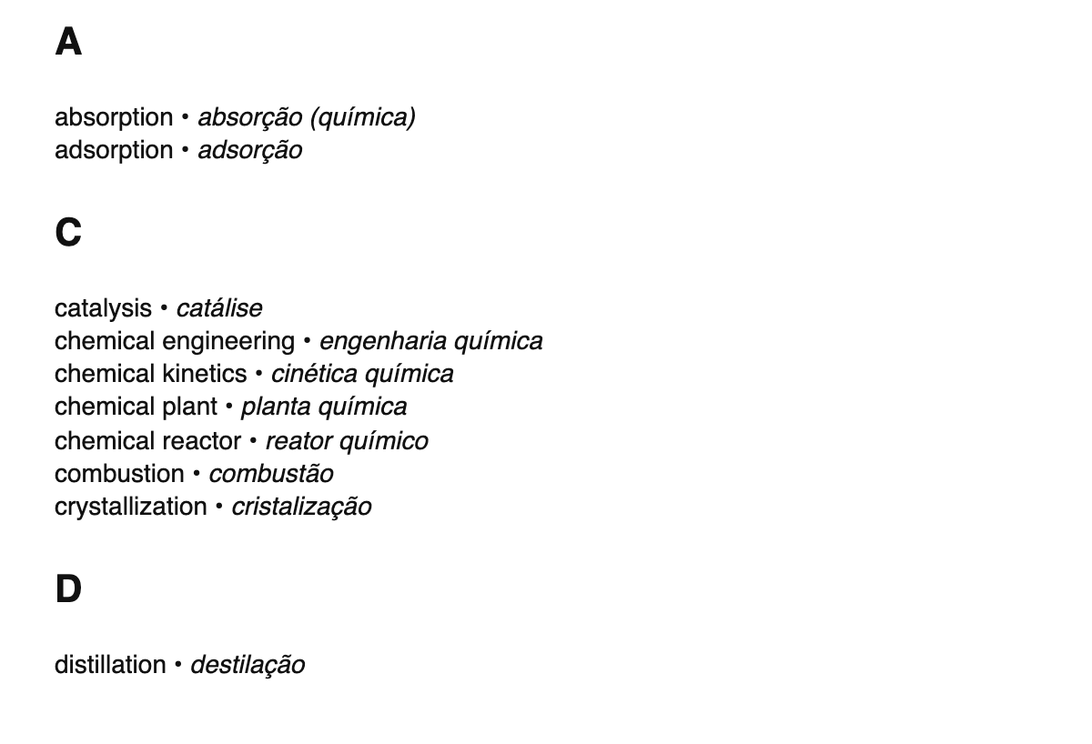 Chemical engineering terms in Portuguese