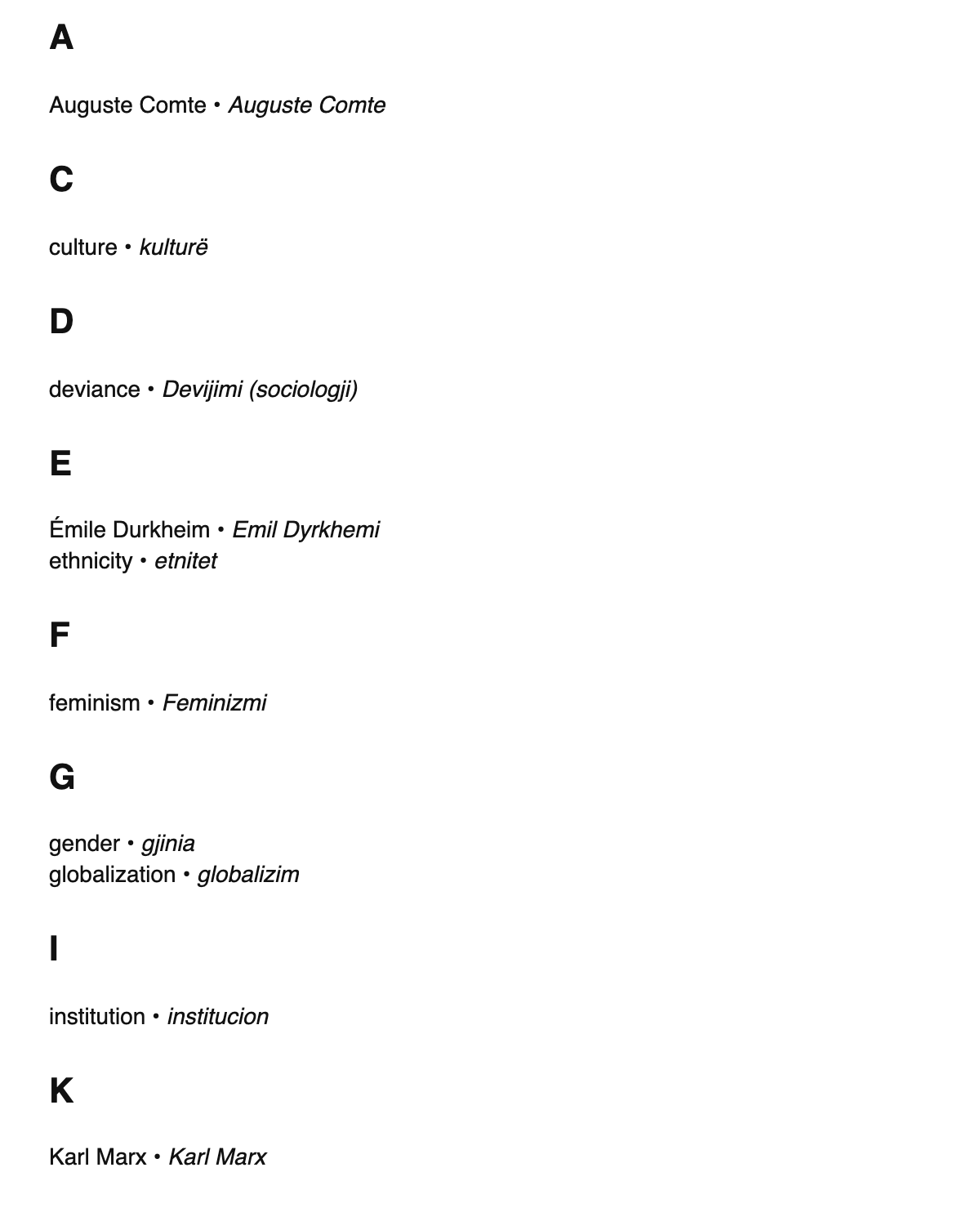 Sociology terms in Albanian