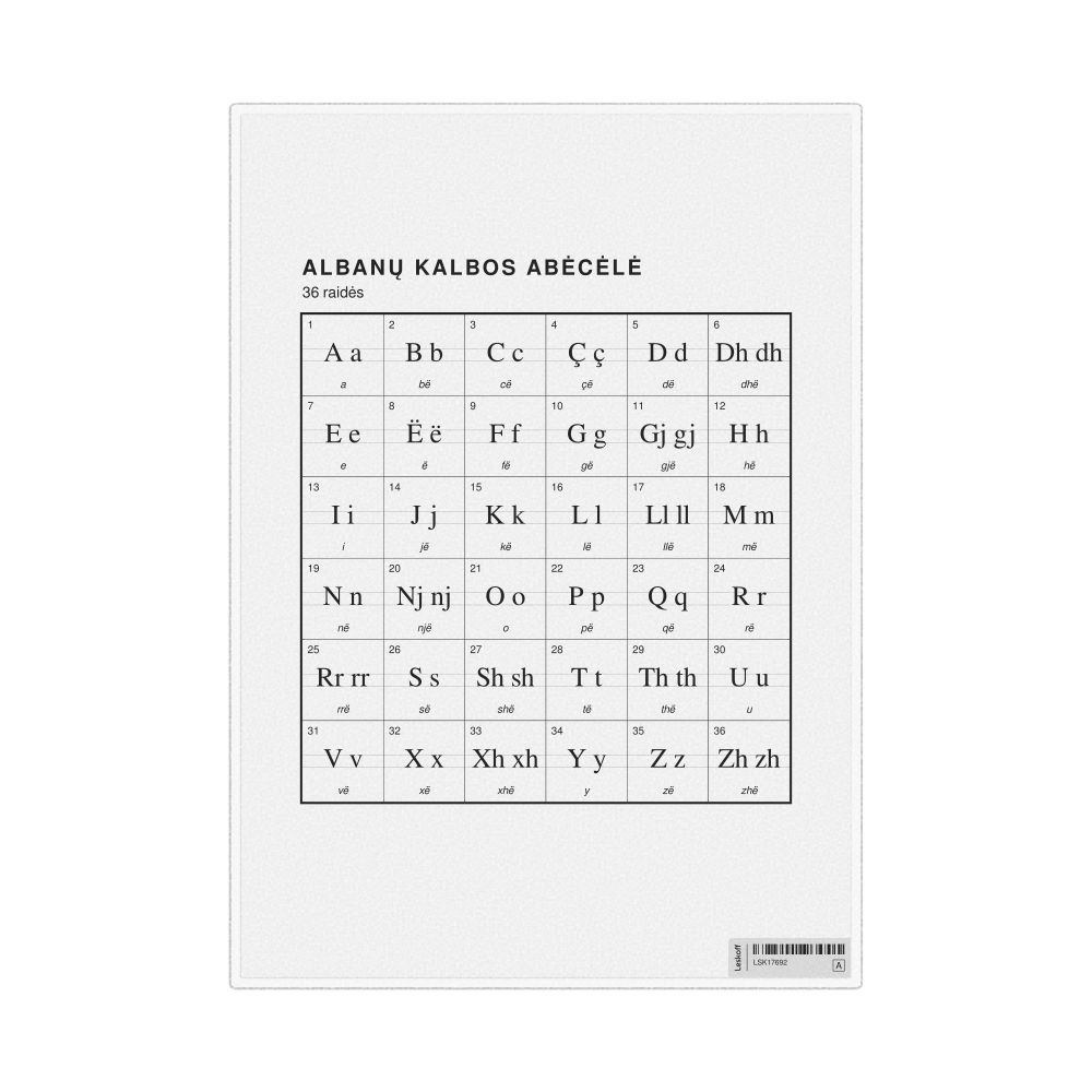 Leskoff Albanian Alphabet Chart, 8.3 x 11.7 in (21.0 x 29.7 cm, Desk Chart, Laminated), Lithuanian-Labeled, image 1 of 2