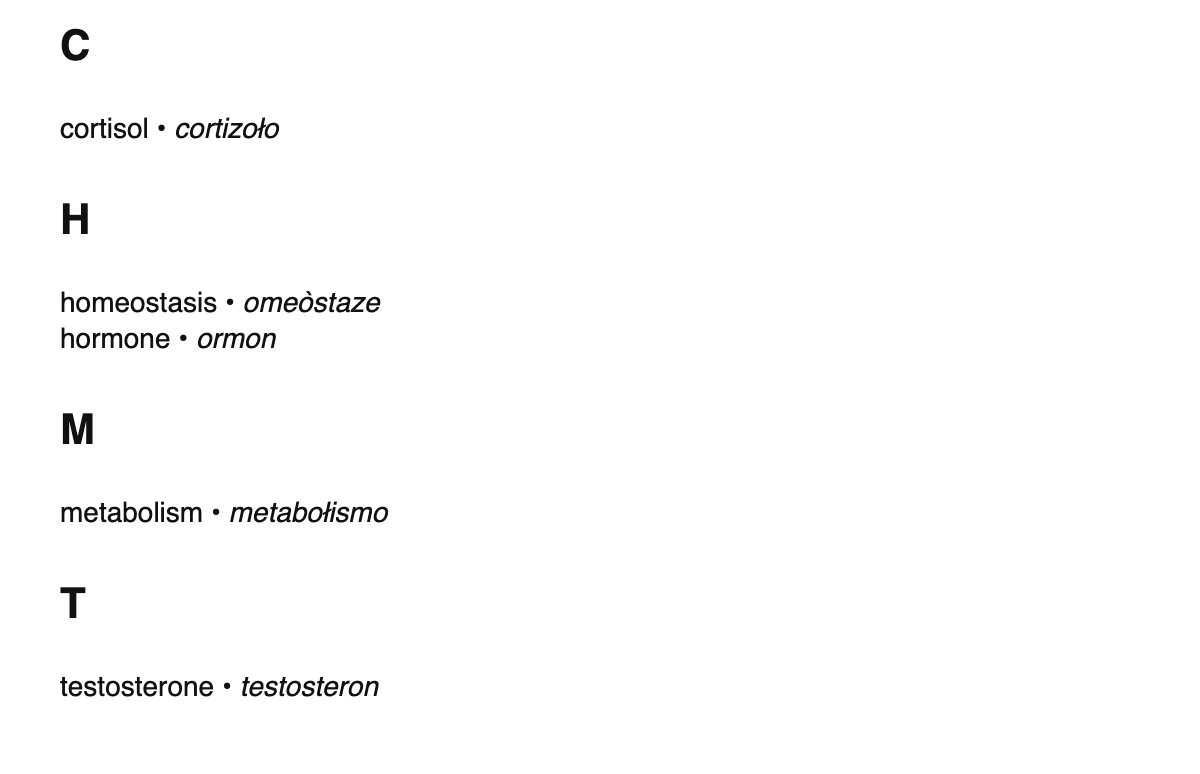 Physiology terms in Venetian