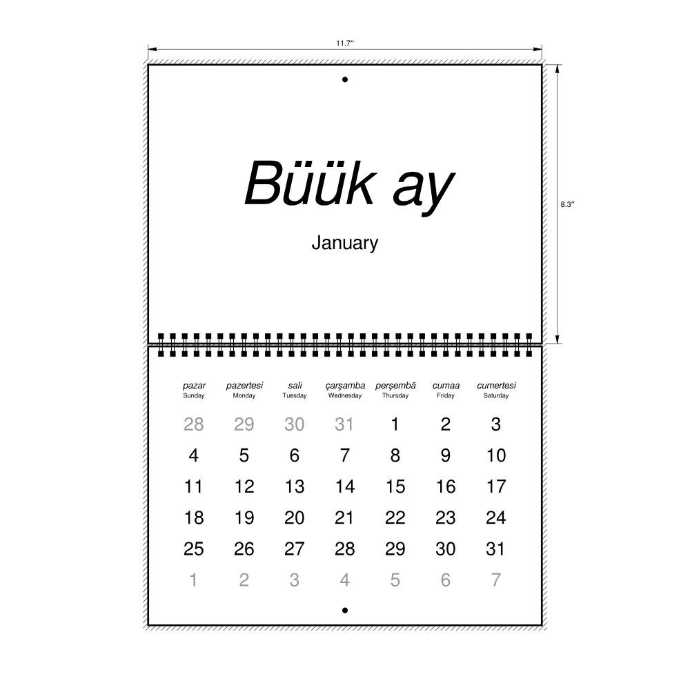 Leskoff 2026 Wall Calendar, Gagauz/English-Labeled, Sunday-Start Layout, Wire-Bound, 11.7 x 8.3 in (29.7 x 21.0 cm), image 2 of 2