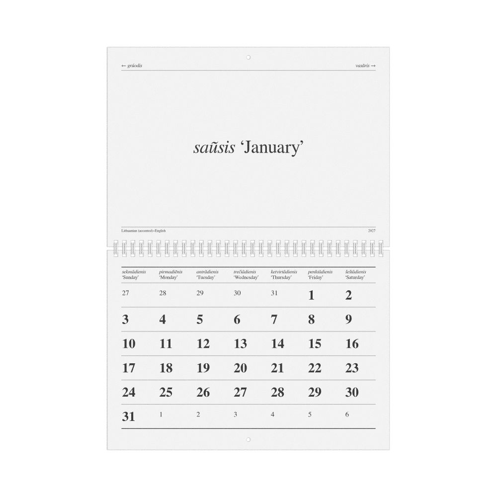 Leskoff 2027 Lithuanian (accented)-Language Calendar, Lithuanian (accented)/English-Labeled, Sunday-Start Layout, image 1 of 1