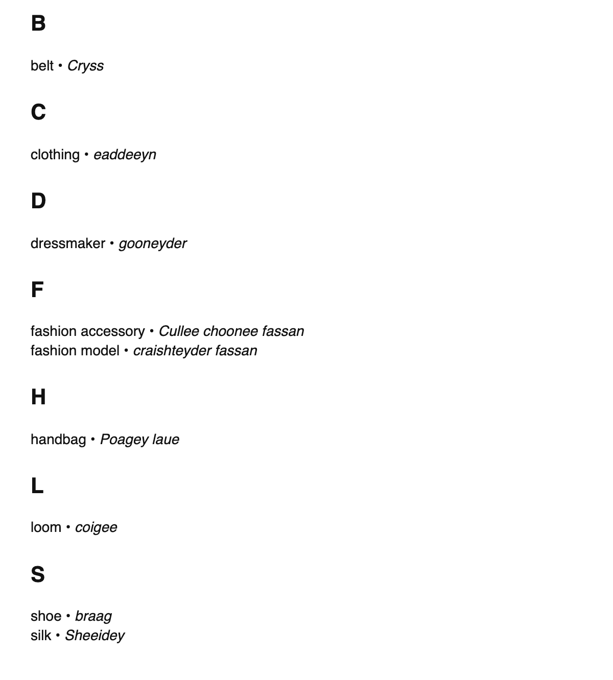 Fashion design terms in Manx