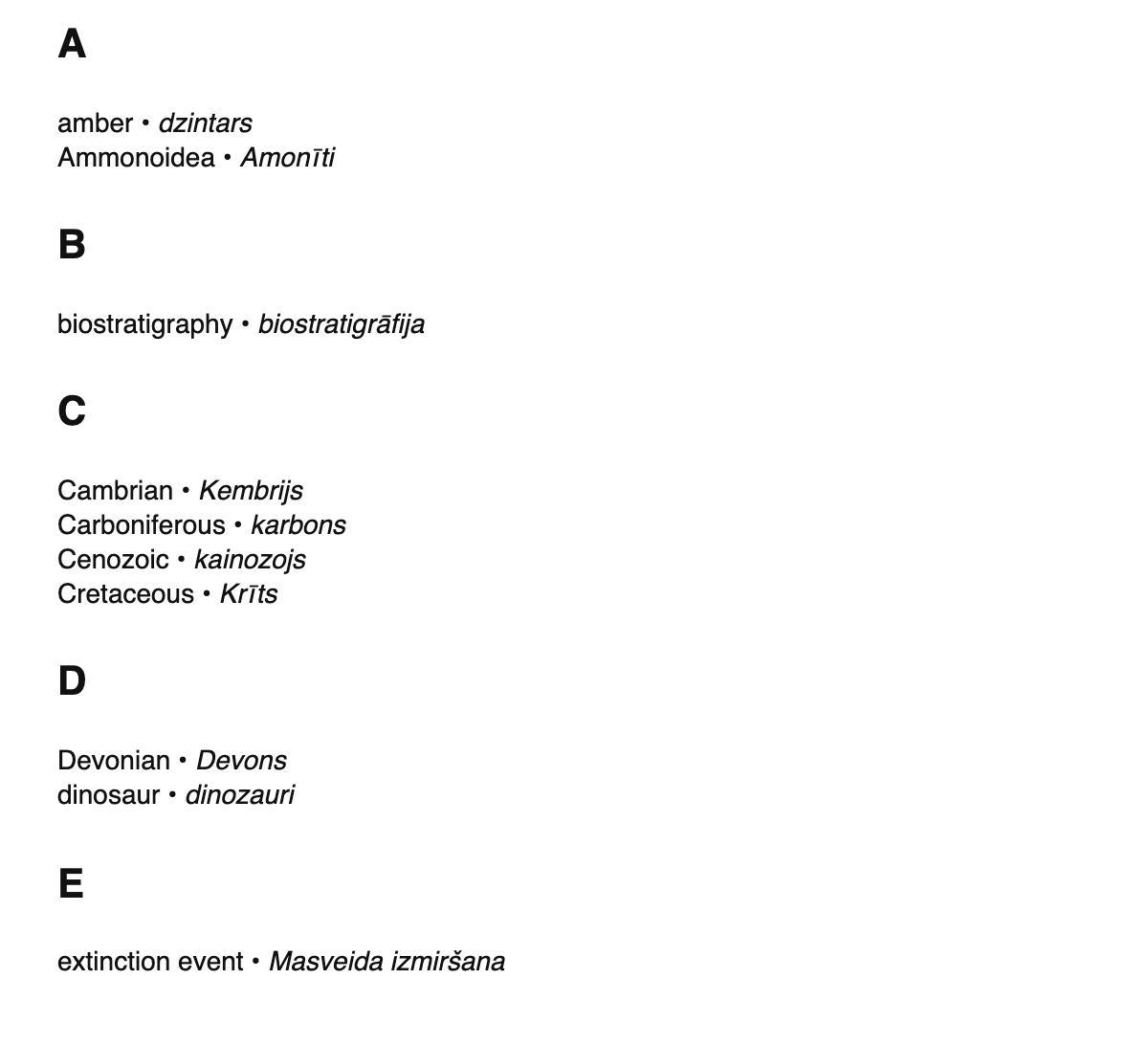 Paleontology terms in Latvian