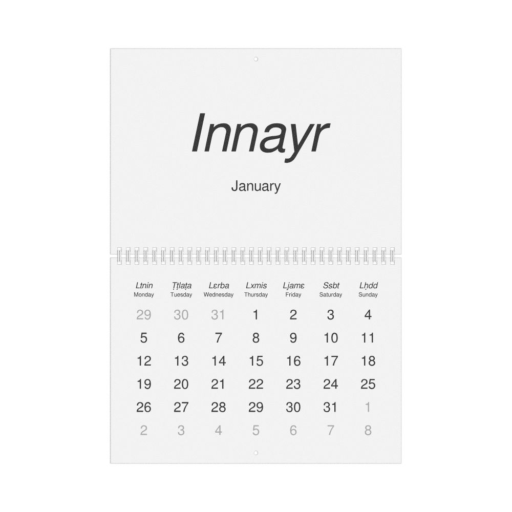 Leskoff 2026 Wall Calendar, Tashelhit/English-Labeled, Monday-Start Layout, Wire-Bound, 11.7 x 8.3 in (29.7 x 21.0 cm), image 1 of 1