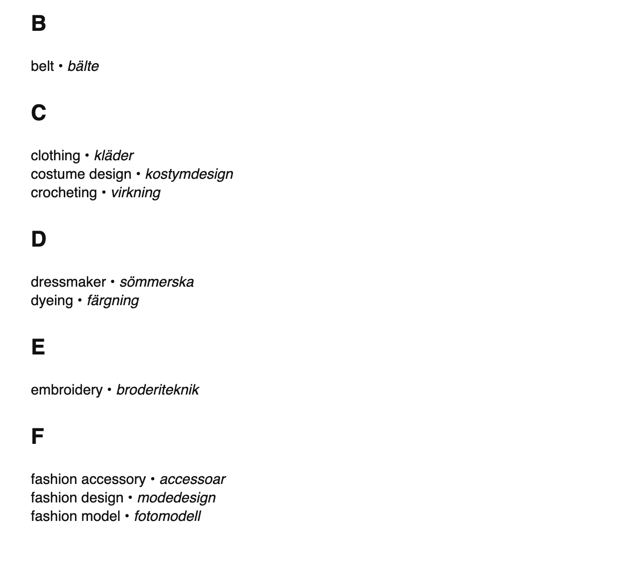 Fashion design terms in Swedish