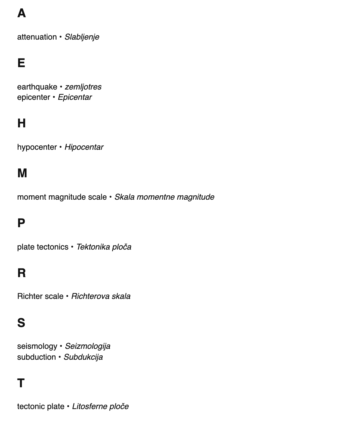 Seismology terms in Bosnian