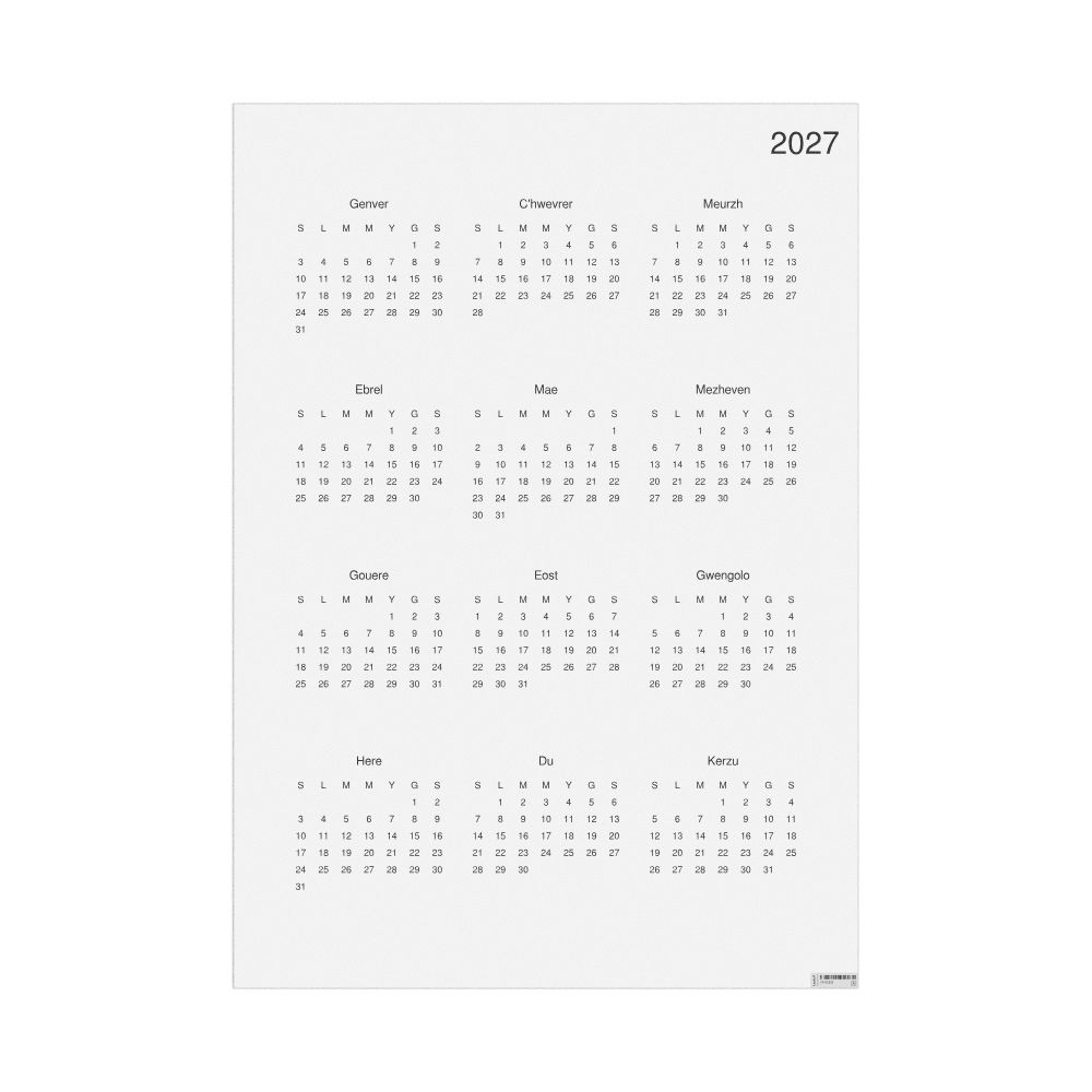 Leskoff 2027 Wall Calendar, Breton-Labeled, Sunday-Start Layout, Poster / Wall Print, 23.4 x 33.1 in (59.4 x 84.1 cm), image 1 of 1