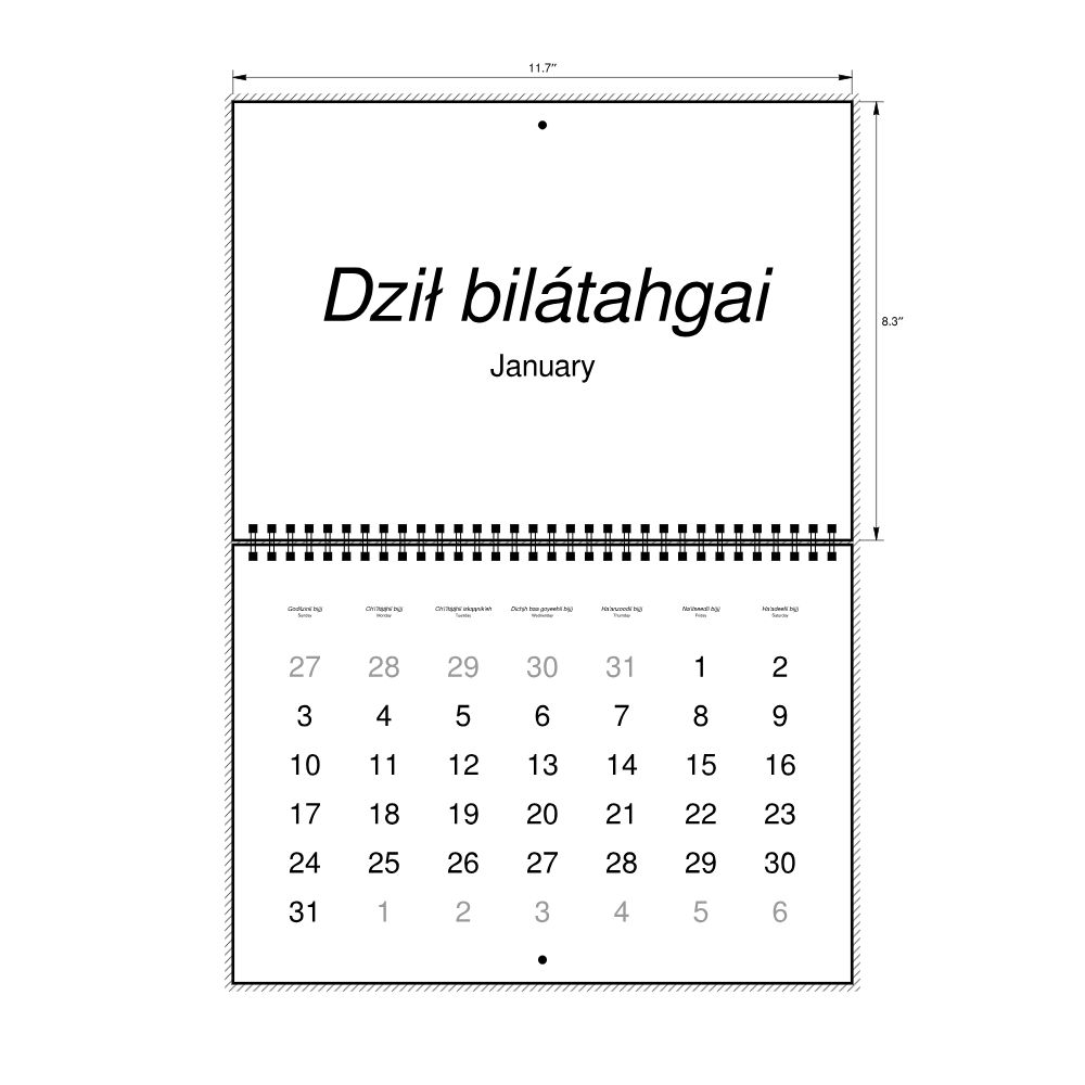 Leskoff 2027 Wall Calendar, Western Apache/English-Labeled, Sunday-Start Layout, Wire-Bound, 11.7 x 8.3 in (29.7 x 21.0 cm), image 2 of 2