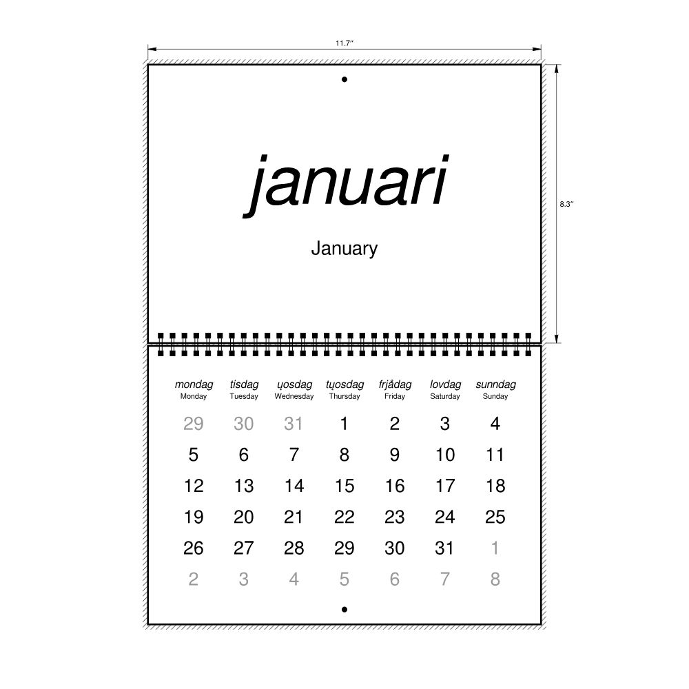 Leskoff 2026 Wall Calendar, Elfdalian/English-Labeled, Monday-Start Layout, Wire-Bound, 11.7 x 8.3 in (29.7 x 21.0 cm), image 2 of 2
