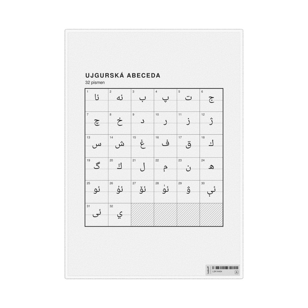 Leskoff Uyghur Alphabet Chart, 8.3 x 11.7 in (21.0 x 29.7 cm, Desk Chart, Laminated), Czech-Labeled, image 1 of 2