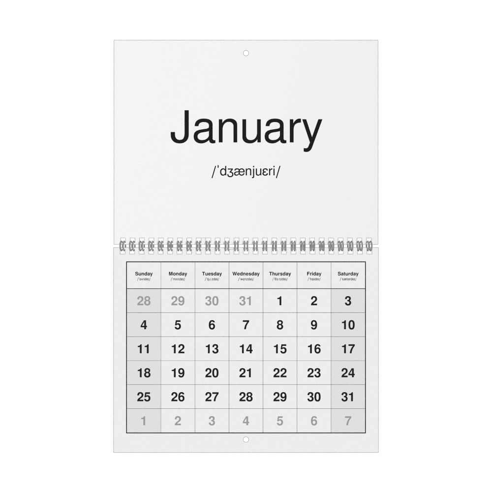 Leskoff 2026 Phonetic Wall Calendar, English-Labeled with IPA, Sunday-Start Layout, Wire-Bound, 11 x 8.5 in (27.9 x 21.6 cm), image 1 of 1