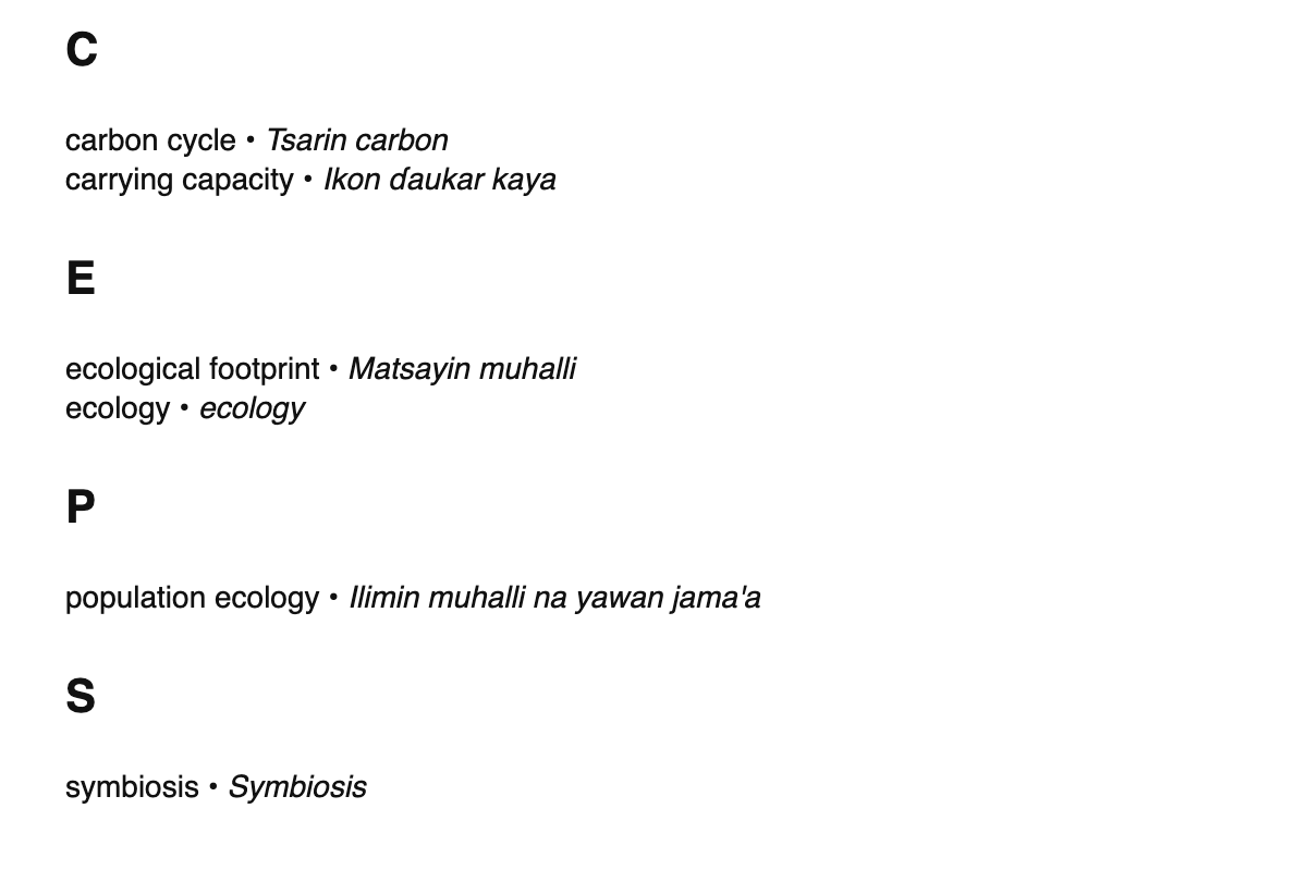 Ecology terms in Hausa