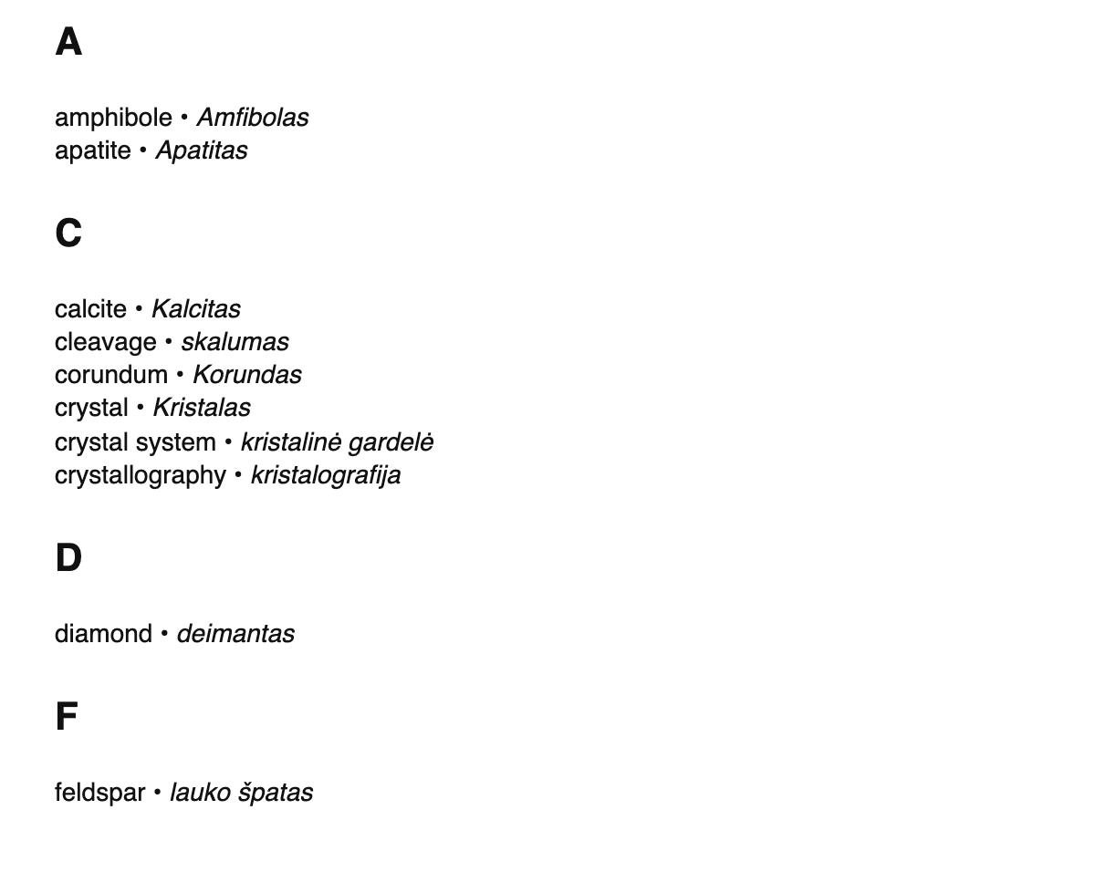 Mineralogy terms in Lithuanian