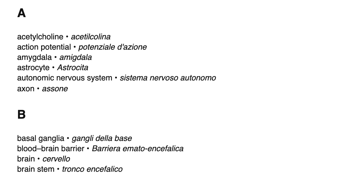 Neuroscience terms in Italian