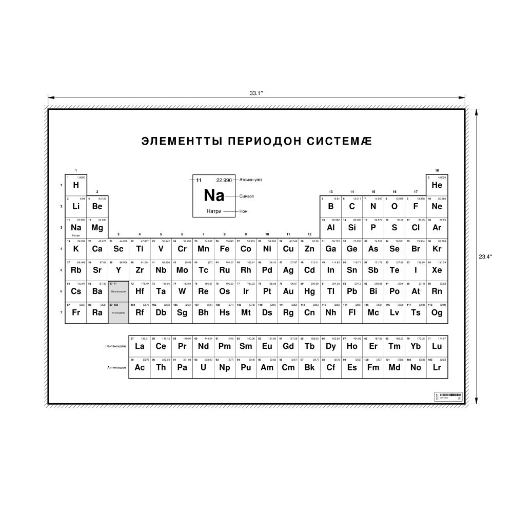 Leskoff Periodic Table Chart, 33.1 x 23.4 in (84.1 x 59.4 cm, Poster / Wall Chart), 18-Column Layout, Ossetian-Labeled, image 1 of 2