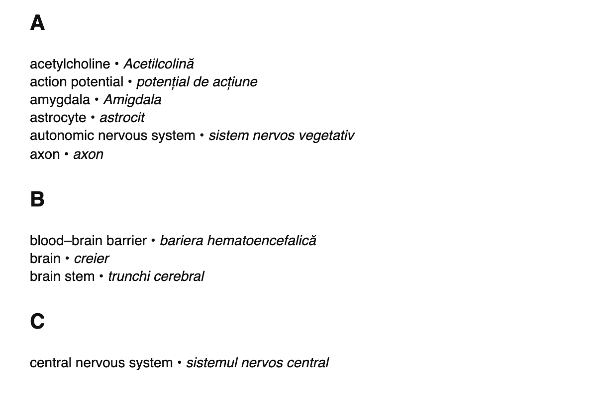 Neuroscience terms in Romanian