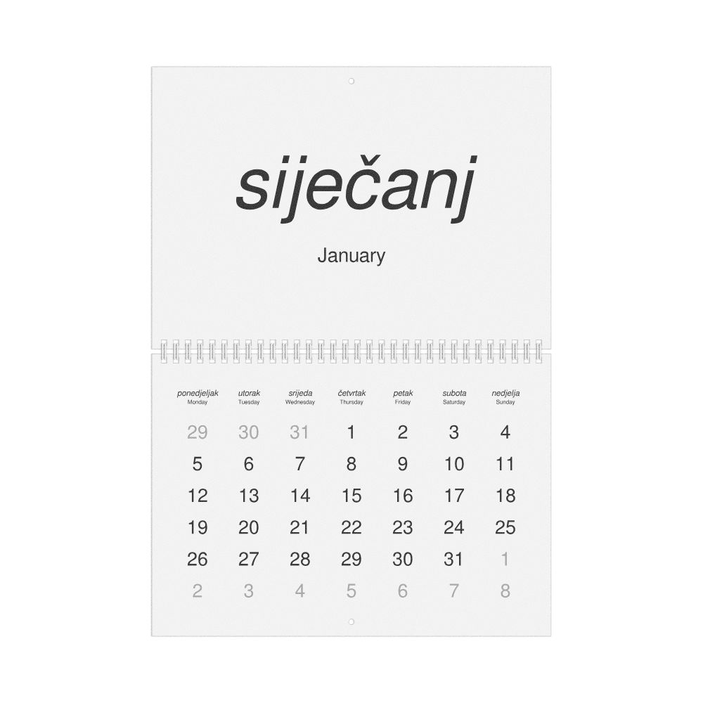 Leskoff 2026 Wall Calendar, Croatian/English-Labeled, Monday-Start Layout, Wire-Bound, 11.7 x 8.3 in (29.7 x 21.0 cm), image 1 of 1