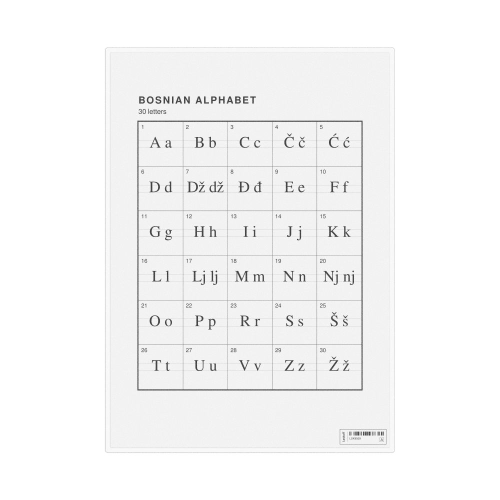 Leskoff Bosnian Alphabet Chart, 8.3 x 11.7 in (21.0 x 29.7 cm, Desk Chart, Laminated), image 1 of 2