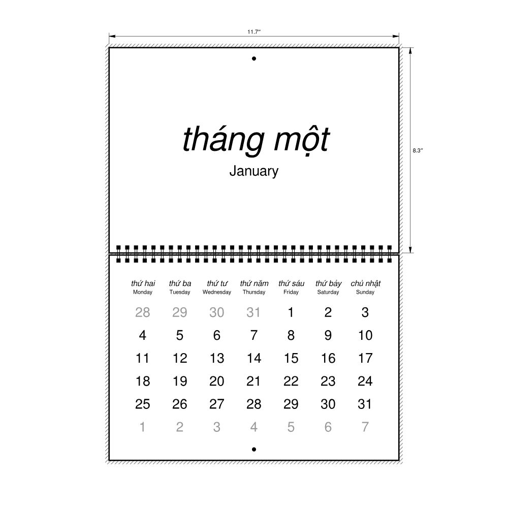 Leskoff 2027 Wall Calendar, Vietnamese/English-Labeled, Monday-Start Layout, Wire-Bound, 11.7 x 8.3 in (29.7 x 21.0 cm), image 2 of 2