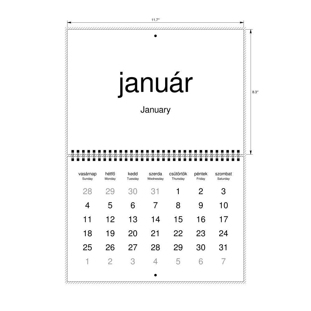 Leskoff 2026 Wall Calendar, Hungarian/English-Labeled, Sunday-Start Layout, Wire-Bound, 11.7 x 8.3 in (29.7 x 21.0 cm), image 2 of 2