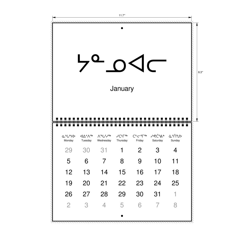 Leskoff 2026 Wall Calendar, Inuktitut/English-Labeled, Monday-Start Layout, Wire-Bound, 11.7 x 8.3 in (29.7 x 21.0 cm), image 1 of 1