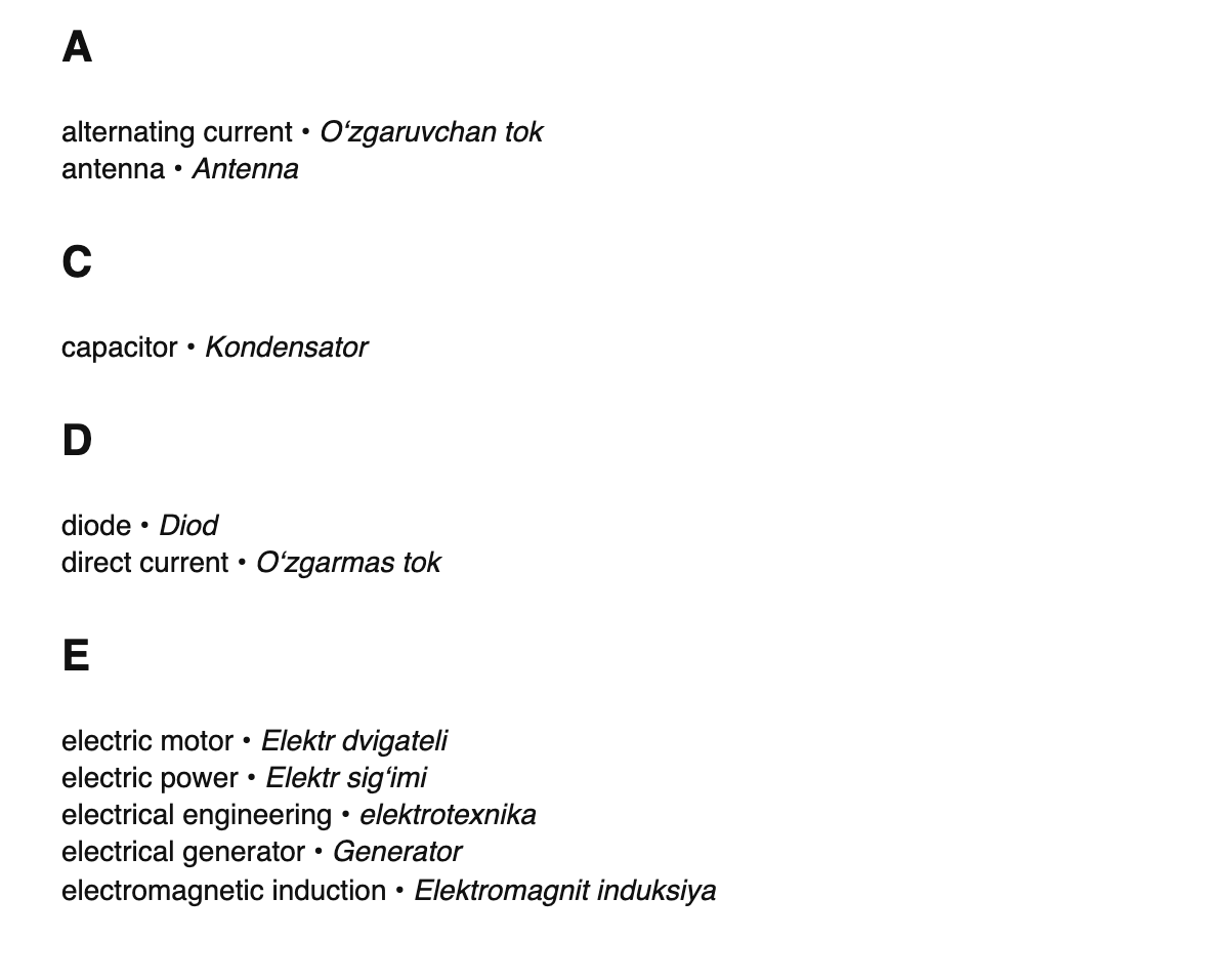 Electrical engineering terms in Uzbek