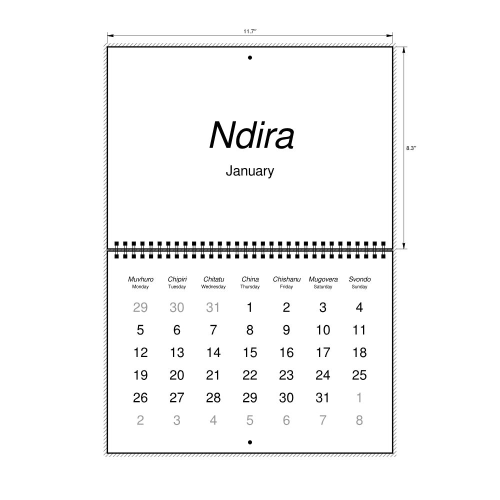 Leskoff 2026 Wall Calendar, Shona/English-Labeled, Monday-Start Layout, Wire-Bound, 11.7 x 8.3 in (29.7 x 21.0 cm), image 2 of 2