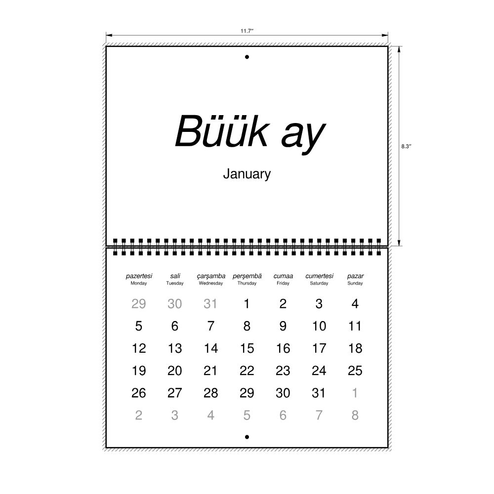 Leskoff 2026 Wall Calendar, Gagauz/English-Labeled, Monday-Start Layout, Wire-Bound, 11.7 x 8.3 in (29.7 x 21.0 cm), image 2 of 2