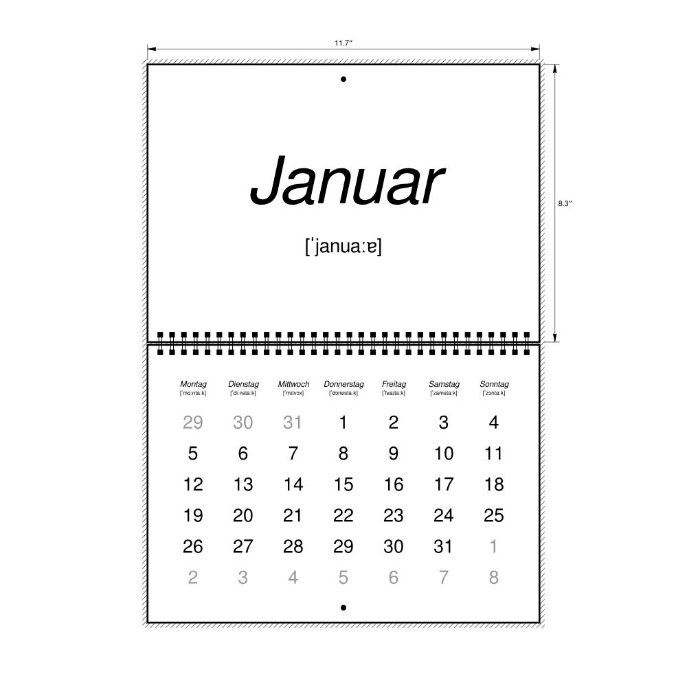 Leskoff 2026 Phonetic Wall Calendar, German-Labeled with IPA, Monday-Start Layout, Wire-Bound, 11.7 x 8.3 in (29.7 x 21.0 cm), image 2 of 2