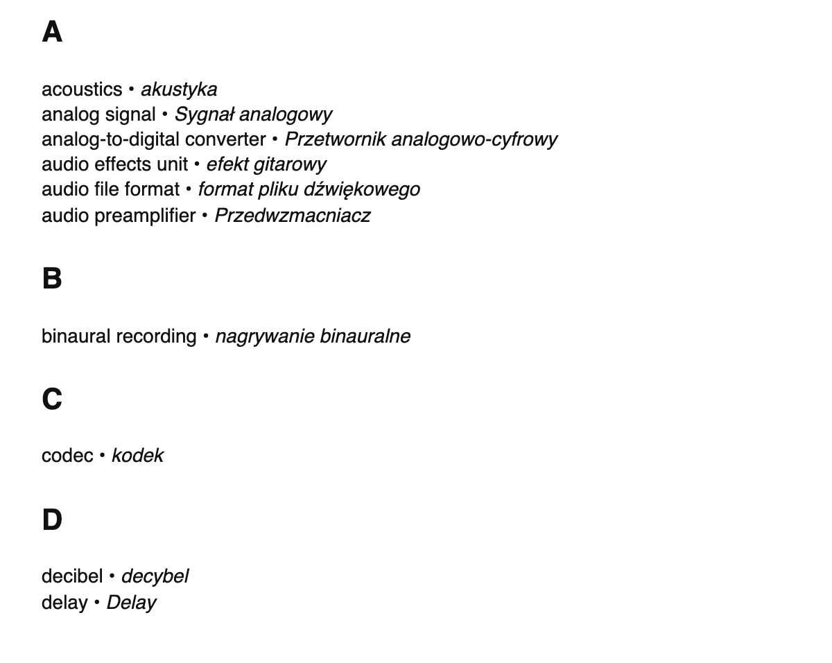 Audio engineering terms in Polish