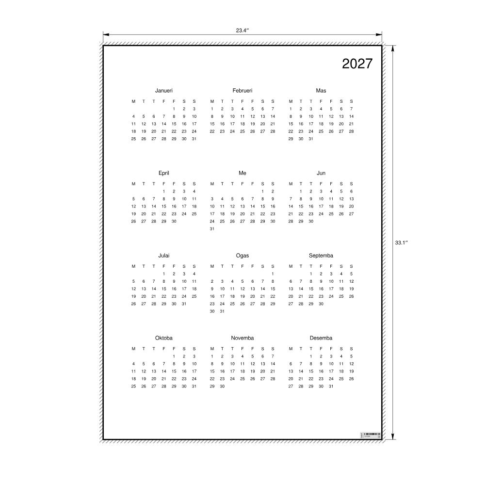 Leskoff 2027 Wall Calendar, Tok Pisin-Labeled, Monday-Start Layout, Poster / Wall Print, 23.4 x 33.1 in (59.4 x 84.1 cm), image 2 of 2