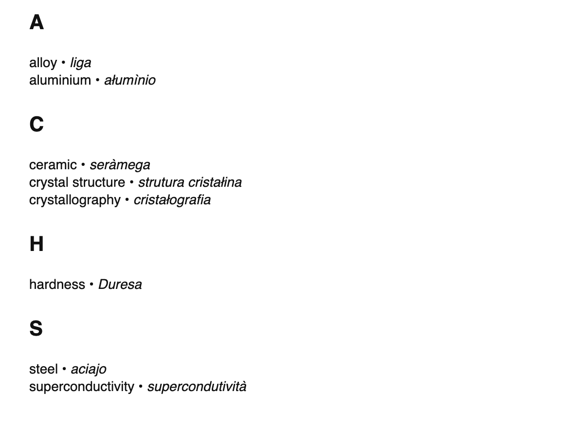 Materials science terms in Venetian