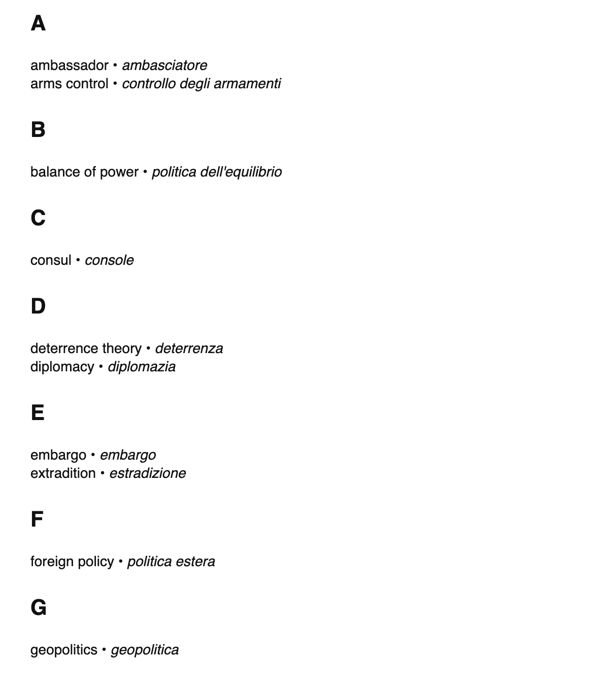 International relations terms in Italian