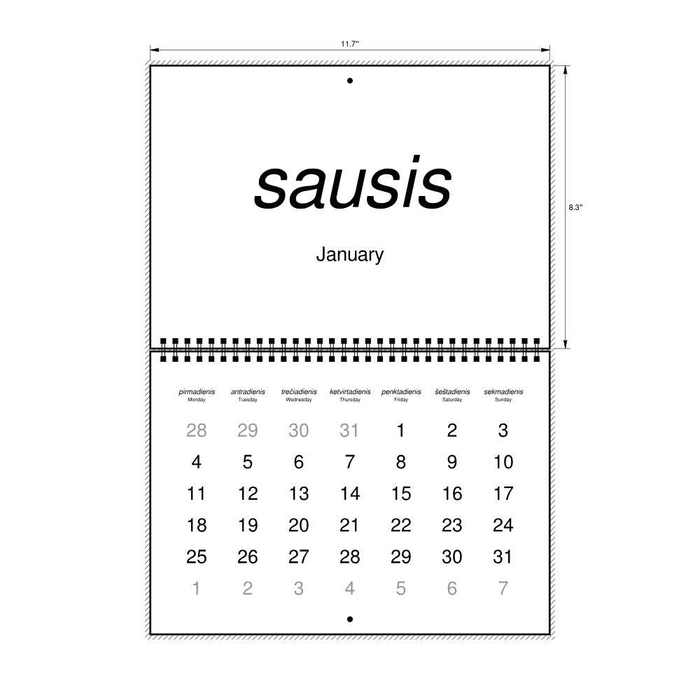 Leskoff 2027 Wall Calendar, Lithuanian/English-Labeled, Monday-Start Layout, Wire-Bound, 11.7 x 8.3 in (29.7 x 21.0 cm), image 2 of 2