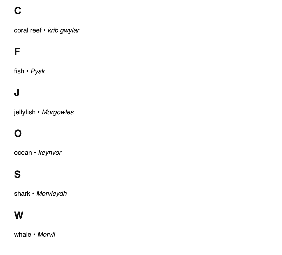 Marine biology terms in Cornish