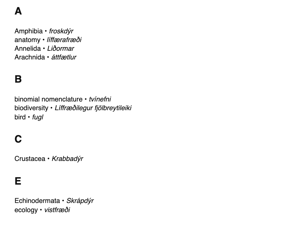 Zoology terms in Icelandic