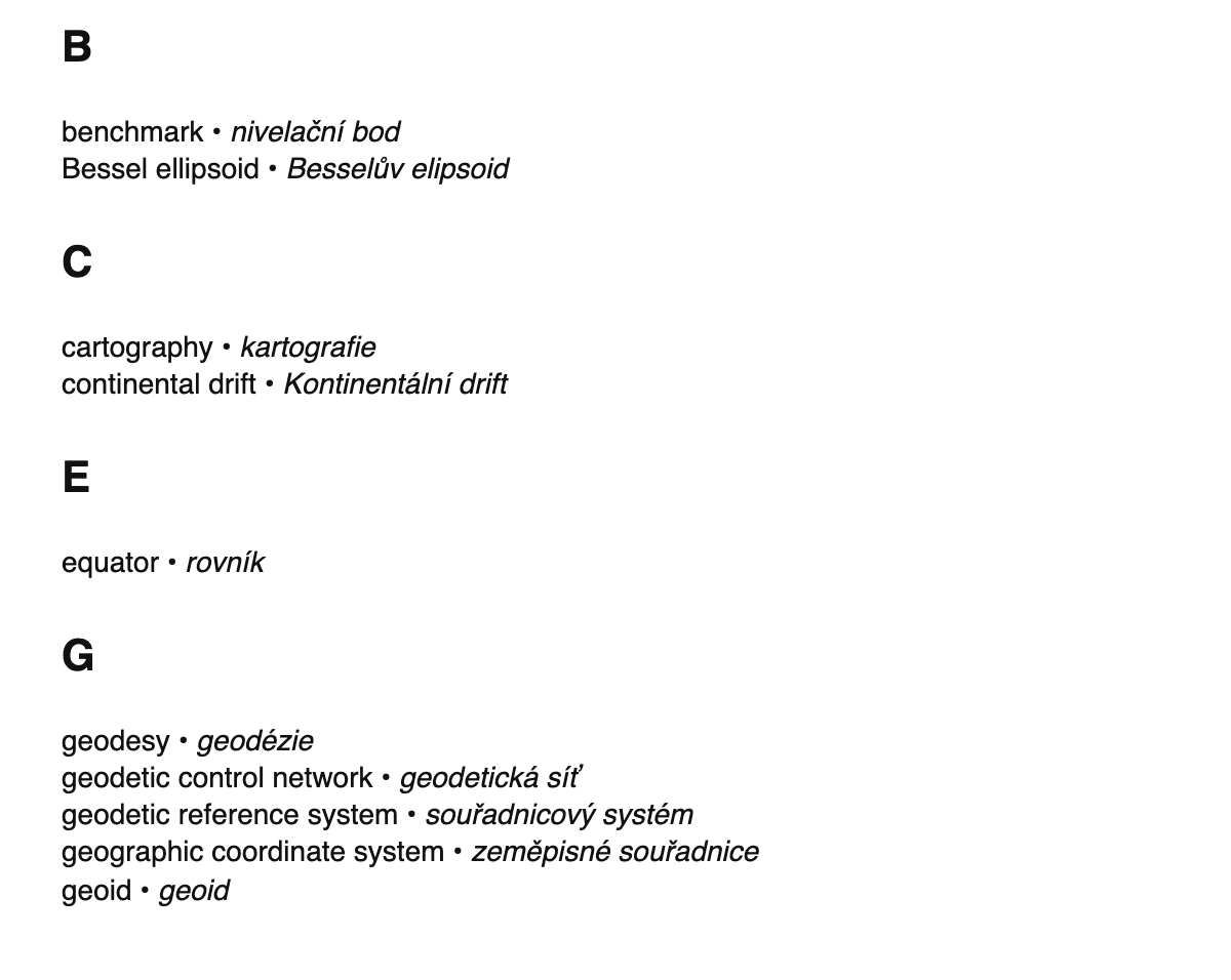 Geodesy terms in Czech