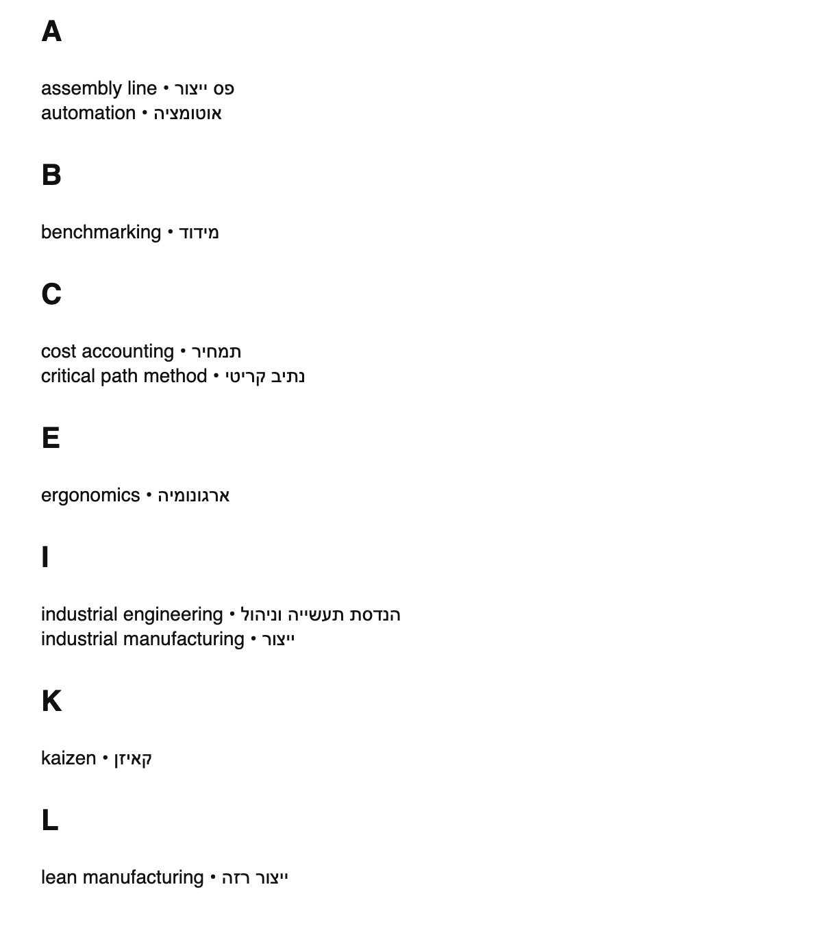 Industrial engineering terms in Hebrew