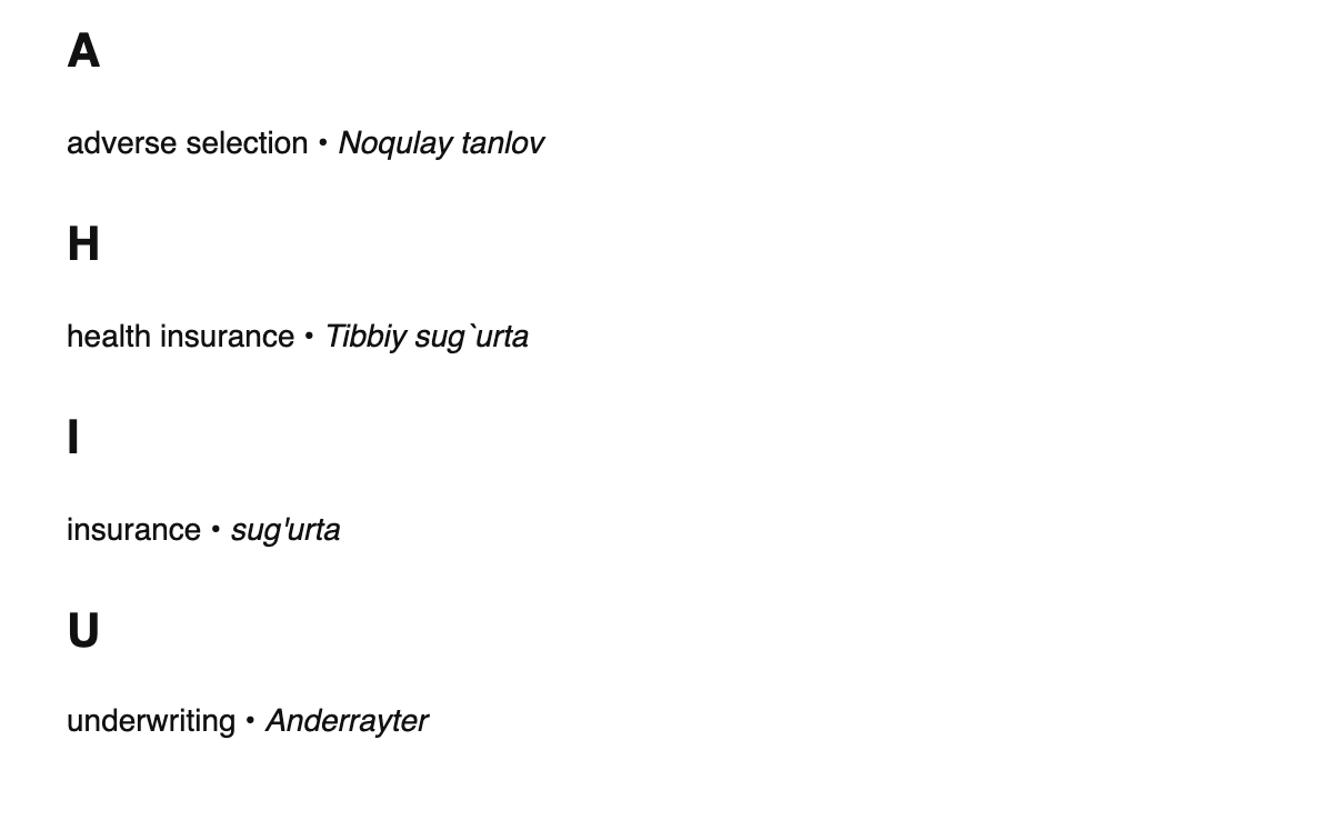 Insurance terms in Uzbek